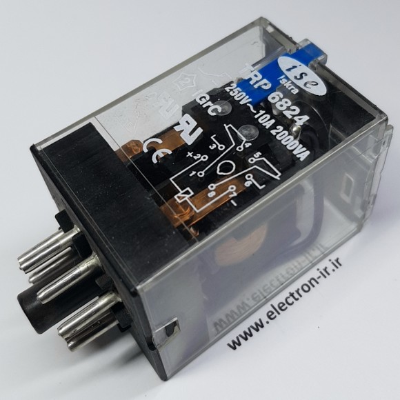 رله تابلویی صنعتی پایه گرد سوکتی دو کنتاکت بازوبسته 10 آمپر ریست دار ise ISKRA TRP 6824  24VDC-2C-10A  8PIN